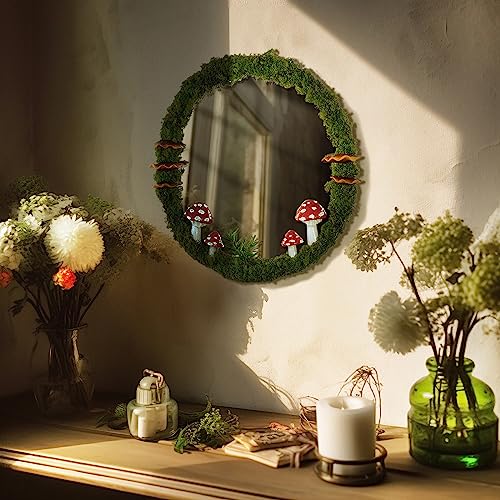 EVOLUX Mushroom Mirror Small Wall Decorative Mirror Handmade Moss Round Mirror Cottage Core Decor Mushroom Decor Room Decor Aesthetic Mirror(11") - Green