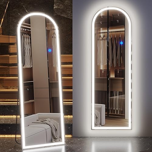 ZKIODV Arched LED Full Length Mirror, Standing Full Body Mirror with Lights, Arch Floor Mirror, Large Wall Mounted Mirror, Stand Up Mirror for Bedroom, Living Room, Light Up Mirror (Black 160 x 50 cm) - Arch Black - 63L x 20W inches