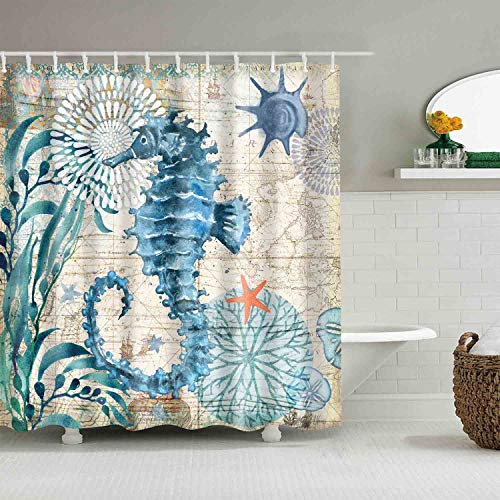 Mantto Sea Horse Ocean Shower Curtains Mediterranean Style Marine Life, Bath Fantastic Decorations Waterproof Polyester Fabric Bathroom Shower Curtain Liner with Hooks 72" x 72" (Sea Horse) - Color 4