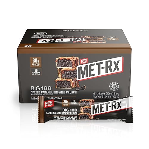 MET-Rx Big 100 Protein Bar, Meal Replacement Bar, 30G Protein, Salted Caramel Brownie Crunch, 9 Count, 3.52 Oz.(Packaging may vary) - Salted Caramel Brownie - 9 Count