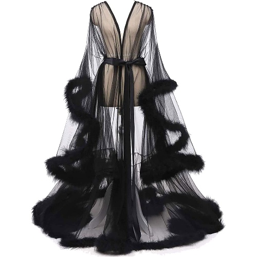 Women's Plus Size Lingerie Robe Transparant Feather Robe Mesh Sheer Tulle Long Sleeve Lace Nachtkleding Kimono Badjas met Ruche Feather Trim - 3