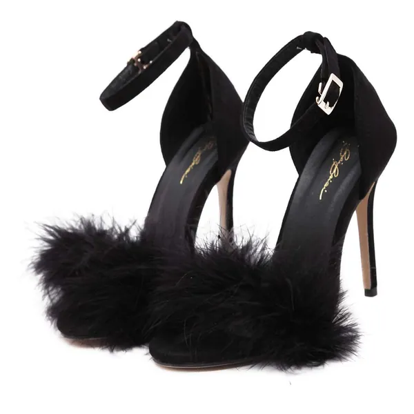 Vrouwen Fluffy Marabou Veer Hoge Hakken Strappy Hakken Sandalen met Bont Big Size