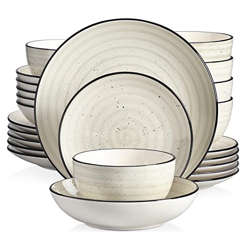 vancasso Bonbon Beige Dinner Set, 24 Pieces Dinner Sets for 6 People, Handpainted Swirls Plates and Bowls Set in Rustic Look, Include Dinner Plates, Dessert Plates, Pasta Bowls and Cereal Bowl - Bonbon-bg