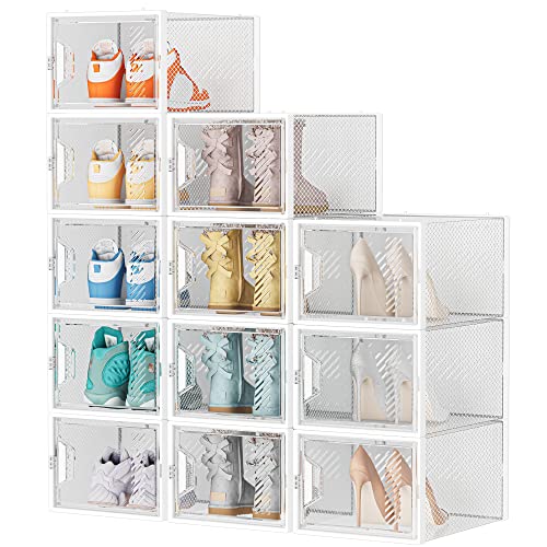 SIMPDIY Shoe Storage Box,12 pcs Shoe Box Clear Plastic Stackable, Shoe Organizer Containers with Lids for Women/Men,Fit up to UK 12 - Clear
