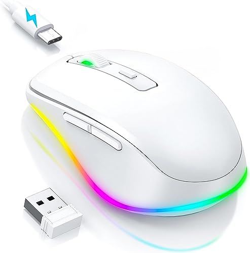 Seenda Wireless Mouse, Rechargeable Light Up LED Mouse for Laptop, 2.4G USB Silent Mice with Built in Jiggler Mover, Undetectable Simulate Mouse Movement to Keep Computer Awake, white - white
