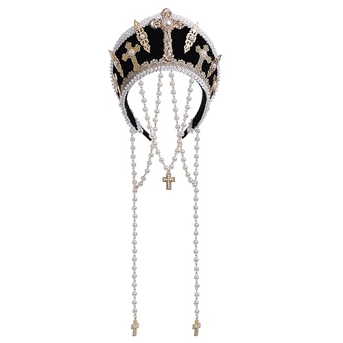 Renaissance Medieval Tudor Queen Headpiece for Women Anne Boleyn Headband Elizabethan Royal Coronet Hood Tiara Hat (Black) - Black