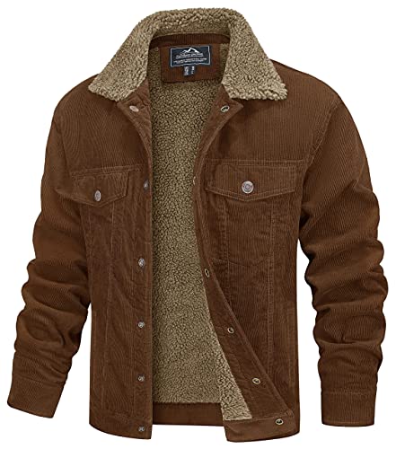 MAGCOMSEN Men's Corduroy Sherpa Fleece Jacket,Winter Thermal Warm Coat Lapel Collar Button Down Trucker Jacket with 5 Pockets - XL - Brown