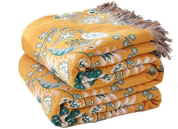HOORDRY Boho Throw Blanket for Bed 100% Cotton Super Soft Floral Print Decorative Sofa Blanket，60"×80" All Season Rustic Vintage Throw Suitable for Chair Bed Sofa Yellow & Green - Yellow Flower - 150x200CM(60×80In)
