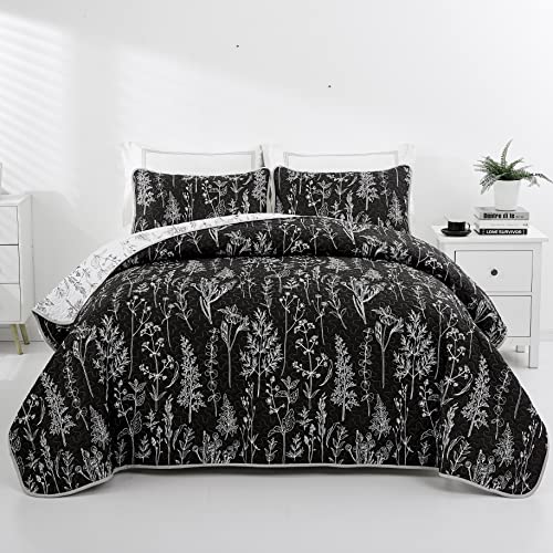 Lunoroey Floral Bedspreads Double Size Black And White Bed Spread Floral Botanic Flowers Branches Patchwork Quilt Lightweight Reversible Bedspreads Coverlets All Season Bedding Set - Black - 220x240cm