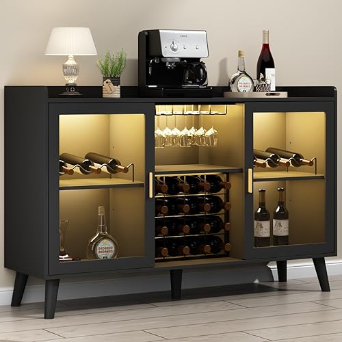 Loomie Wine Bar Cabinet with LED Light, Home Coffee Cabinet with Wine Rack and Glass Holder, Kitchen Buffet Sideboard W Storage Shelf, Freestanding Liquor Cabinet for Living Room, Dining Room (Black) - Black