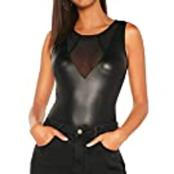 MakeMeChic Women's Faux PU Leather Sleeveless Contrast Mesh Fitted Tank Top