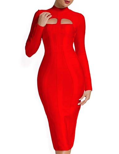 UONBOX Women's Sexy Cut Out Long Sleeves Midi Bodycon Party Bandage Dress - Medium - Red