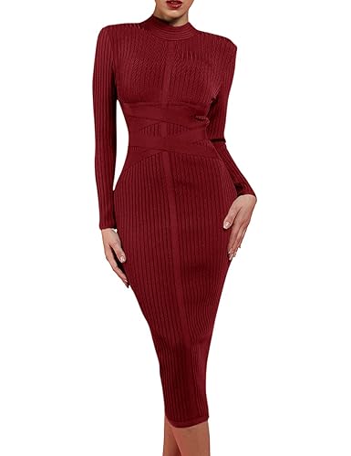 UONBOX Women's Long Sleeves Cross Strap Ribbed Club Party Midi Bodycon Bandage Dress - Medium - Wine