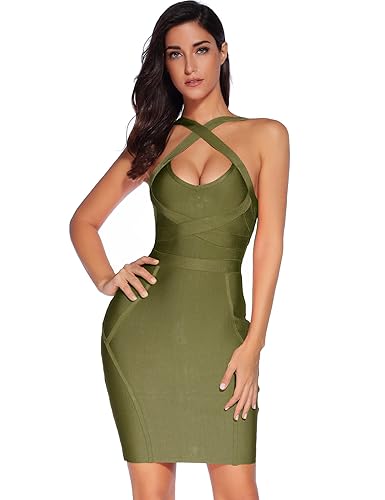 meilun Women's Celebrity Bandage Bodycon Dress Strap Party Pencil Dress - Medium - Olive