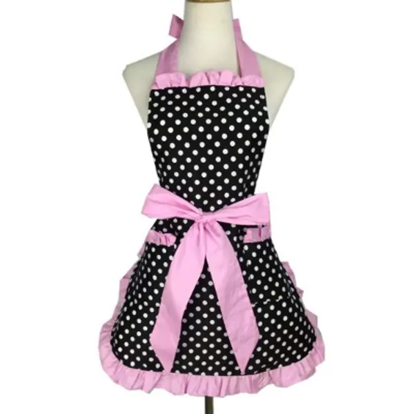 Hyzrz Cute Apron Retro Black Polka Dot Retro Ruffle Side Vintage Cooking Aprons with Pockets for Women Girls
