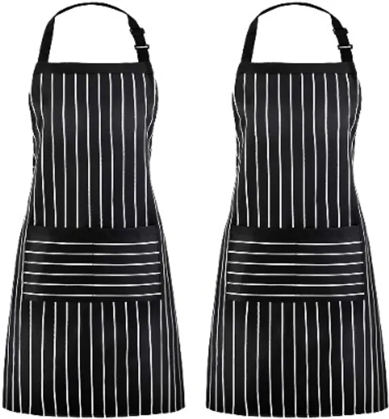 Puroma 2 Pack Adjustable Bib Pinstripe Apron with 2 Pockets, Unisex Cooking Kitchen Aprons for Chef Couple BBQ Painting, Black