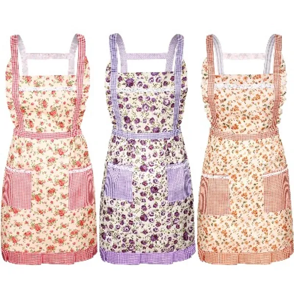3 Pieces Kitchen Floral Aprons Soft Flower Aprons Women Chef Aprons Adjustable Cooking Aprons with Pockets for Kitchen Cooking Baking Gardening Household Cleaning Supplies, 3 Colors