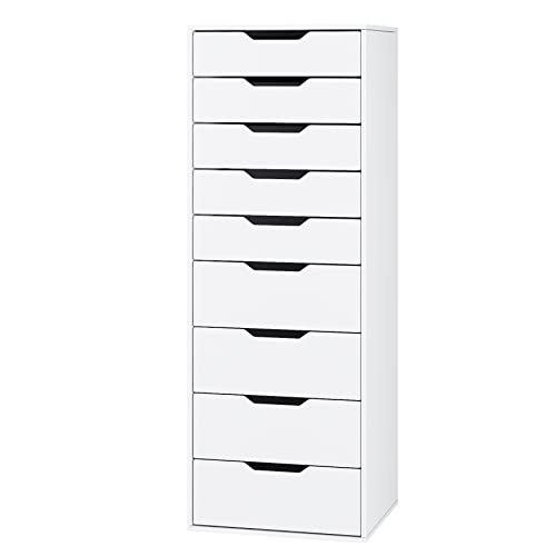 FOREHILL Chest of Drawers Bedroom Tall Cabinet with 9 Drawers Storage Cupboard 124.5cm Freestanding White Dresser for Living Room