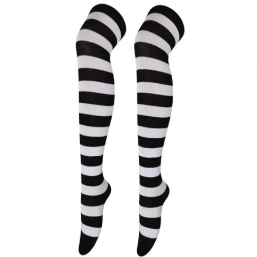 Striped Patterned Socks (Thigh High) - Black and White