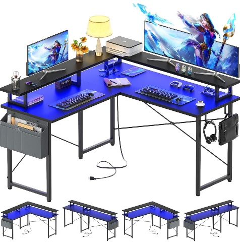 L Shaped Gaming Desk with LED Lights 