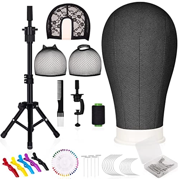 Wig Stand Tripod with Head, 22 inch Wig Head, Mannequin Canvas Head For Wigs Styling, 110pcs Wig Pins, 3pcs Wig Caps, 5 pcs Clips, 1pc Thread Bristle and 1pc Brush Included