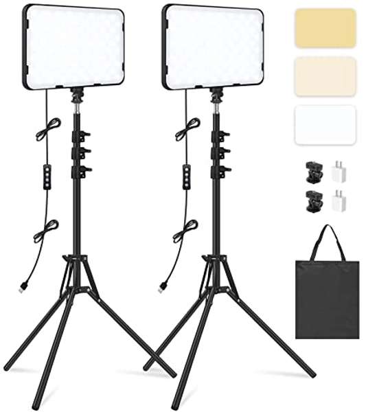 2 Pack LED Video Light with 63'' Tripod Stand, Obeamiu 2500-8500K Dimmable Photography Studio Lighting for Video Film Recording/Collection Portrait/Live Game Streaming/YouTube Podcast, USB Charger