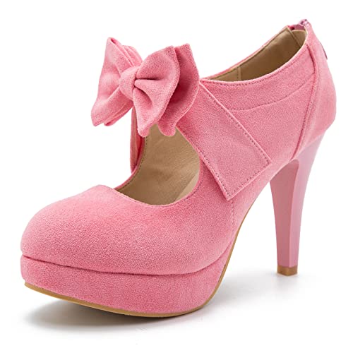 Women's Bow Heels Mary Jane High Heel Closed Toe Platform Vintage Dress Pumps - 6.5 - Pink
