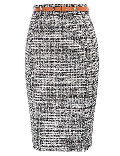 Kate Kasin Women's Tweed Pencil Skirt Knee Length High Waisted Skirts with Slit Elegant Skirts with Belt - Small - Black&tweed