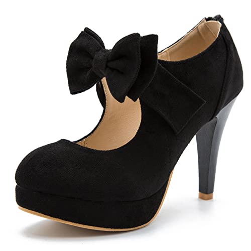 Women's Bow Heels Mary Jane High Heel Closed Toe Platform Vintage Dress Pumps - 6.5 - Black