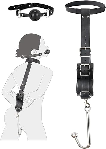 BDSM Anal Hook with Ball Gag, 2 in 1 Leather Sex Bondage Set Anal Trainer with Collar, Handcuffs & Adjustable Strap, Restraints Kit Role Play Butt Plug Fetish Slave SM Adult Sex Toys Unisex