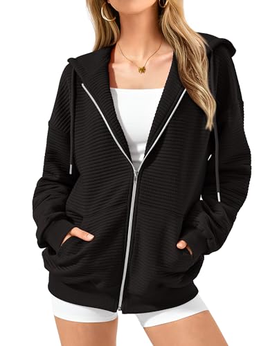 BTFBM Zip Up Hoodie Women Long Sleeve Sweatshirts Fall Outfits 2023 Oversized Hoodies Casual Fashion Jackets - Large - Solid Black