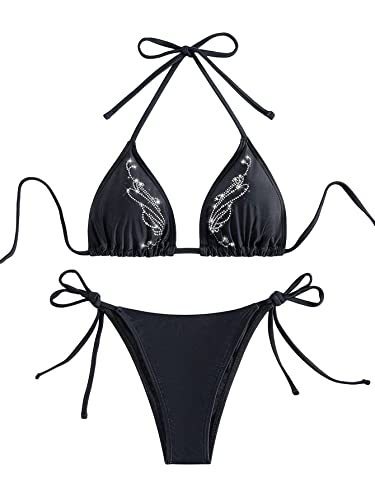WDIRARA Women's Skull Pattern Halter Triangle Thong Sexy 2 Piece Bikini Swimsuit - X-Large - Rhinestone Black