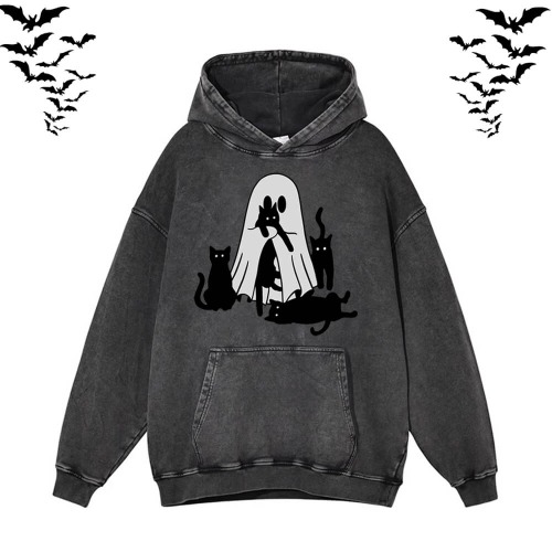 Black Cat Ghouls Vintage Washed Hoodie Sweatshirt - Hoodie / Black / L (Bust 120 cm)