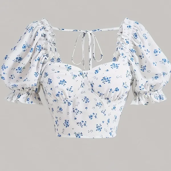 Floral Print Ruffle Trim Crop Blouse, Elegant Puff Sleeve Crop Tie Back Blouse For Spring &amp; Summer, Women&#39;s Clothing