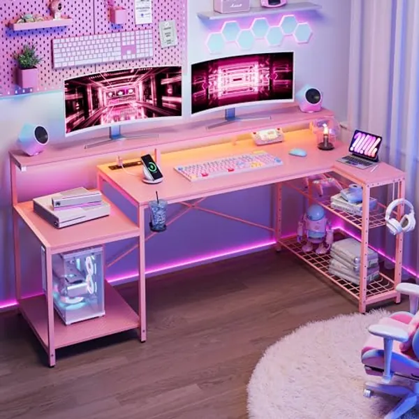 Bestier 71.5 inch Gaming Desk with Power Outlet, Large LED Computer Desk with Monitor Stand, L Shaped Desk with Storage Shelf, Cup Holder & Headset Hooks, Corner Gamer Desk for Bedroom Pink