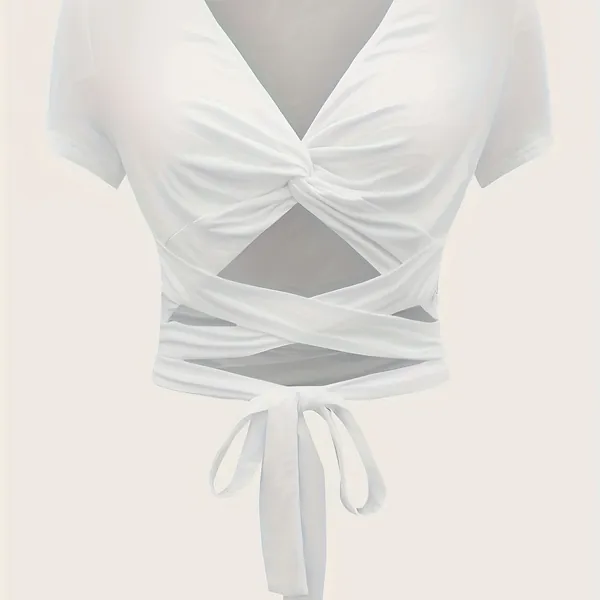 Twist Front V Neck T-shirt, Elegant Short Sleeve Lace Up Crop Top For Spring &amp; Summer, Women&#39;s Clothing