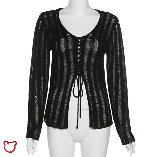 Sting's Laddered Black Lace-Up Sweater - black / S