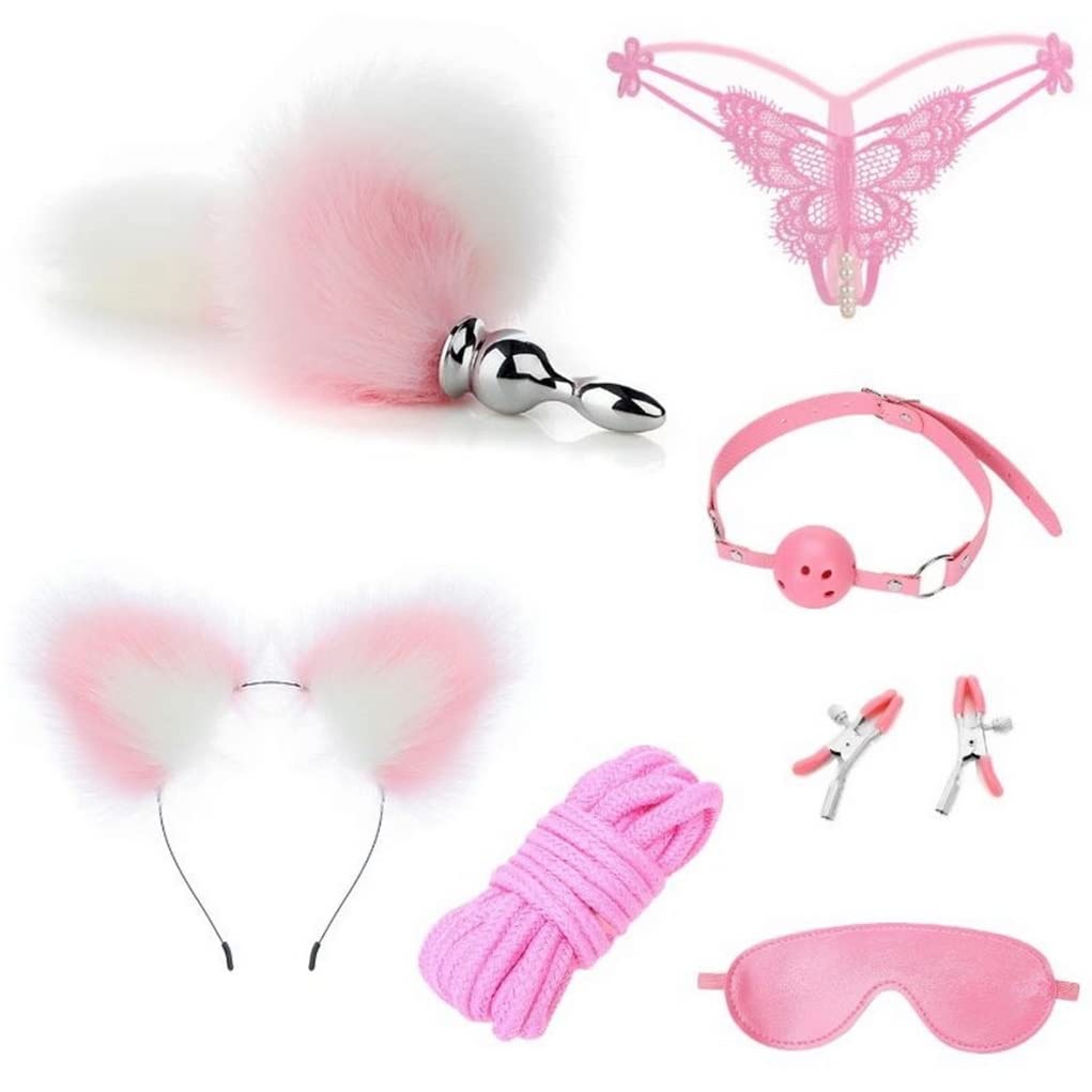 Upendgoes Pink Metal Bu'tt Pl'ug Fox's Tail Ear Blindfold String Cli-p And So On Dice Cosplay Set 7PCS