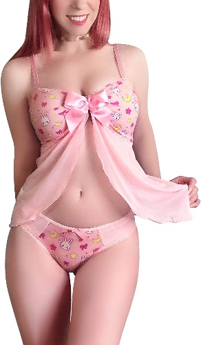 Littleforbig Women Nightwear Lace Babydoll Strap Chemise Halter Lingerie V Neck Sleepwear - Usagi Moon Teddy Friends - Pink Large