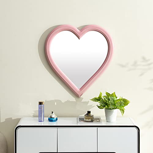 NOTHOM Pink Heart Mirror for Wall - Large 24 x 22.5 in Wooden Heart Shaped Wall Mirrors - Rustic Farmhouse Home Decor for Bedroom and Living Room - Pink Fancy Vanity Mirror - Pink