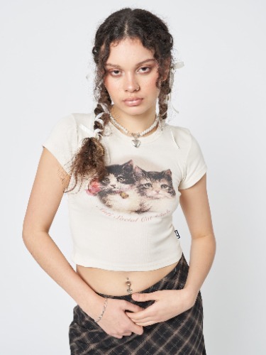 Anti Social Cat Club Ecru Baby Tee | XL / Cream