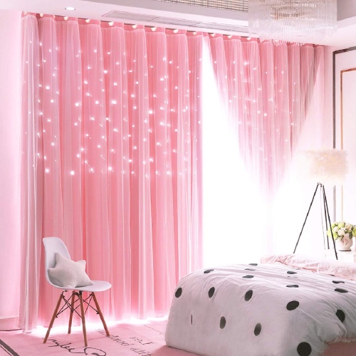 Unistar 2 Panels Stars Blackout Curtains for Bedroom Girls Kids Baby Window Curtain Double Layer Star Cut Out Aesthetic Living Room Decor Wall Home Decorations Curtain,W52 x L84 Inches,Pink - W52 * H84 2panels丨double-layer,pink