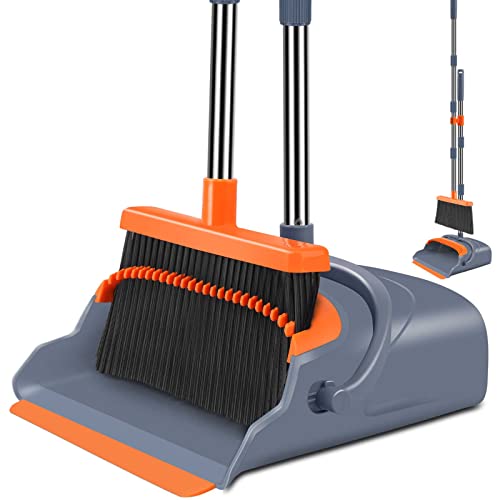 kelamayi Upgrade Broom and Dustpan Set, Self-Cleaning with Dustpan Teeth, Indoor&Outdoor Sweeping, Ideal for Dog Cat Pets Home Use, Stand Up Broom and Dustpan (Gray&Orange) - Gray&orange