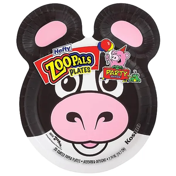 Hefty Zoo Pals Party Edition Paper Plates for Kids, Assorted Animal Designs, 7.75 Inches with Two Dipping Compartments, 20 Count