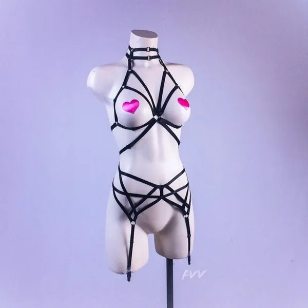 Strappy Cage Pastel Pink and Black Garter Belt and Bra Body Harness Lingerie Set // S - L