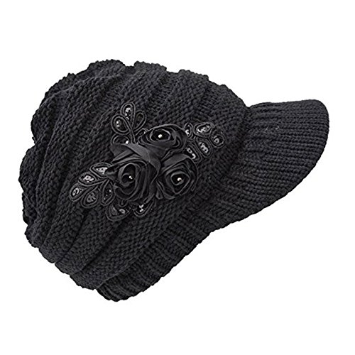C-US Women Winter Warm Knit Hat Crochet Visor Brim Cap with Flower Accent - Black