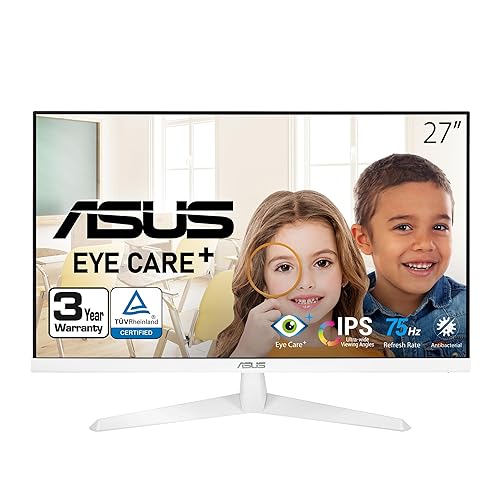 ASUS VY279HE-W 27” 1080P Monitor - White, Full HD, 75Hz, IPS, Adaptive-Sync/FreeSync, Eye Care Plus, Color Augmentation, Rest Reminder, HDMI, VGA, Frameless, VESA Wall Mountable - IPS 75Hz Rest Reminder (White)
