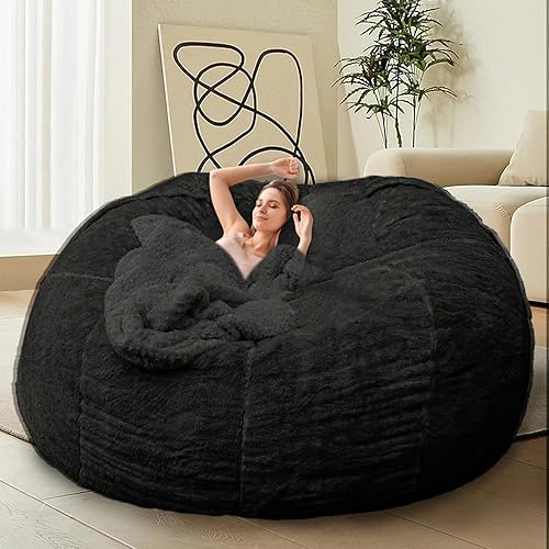 HDMLDP Bean Bag Chair Cover for Adults Kids Comfy Fluffy Giant Round Beanbag Cover Floor Chair Cover for Stuffed Animals Storage, 7FT, Black - 7FT - Black