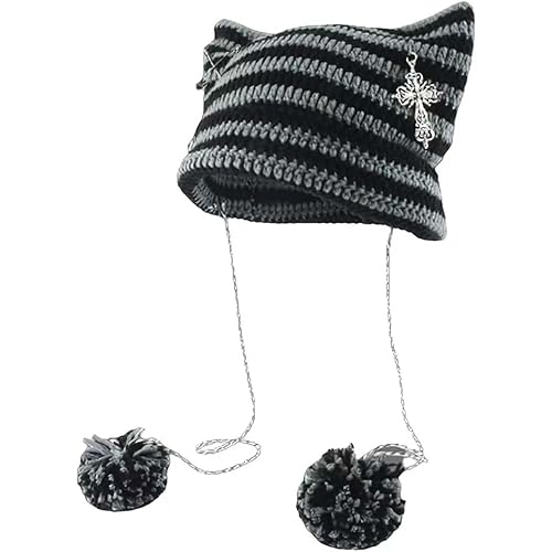 Y2k Beanies Crochet Knitted Cat Hats Goth Cross Devil Hat Striped Alt Emo Accessories Grunge Y2k Aesthetic Clothes - One Size - Gray
