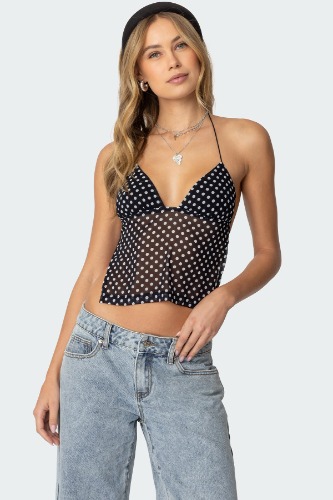 Polka Dot Backless Chiffon Top | BLACK AND WHITE / S